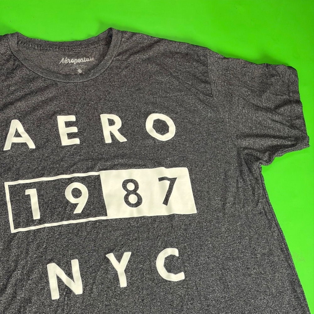 Aeropostale Graphic T-Shirt Mens 2XL Grey Aero 1987 NYC Short Sleeve Tee Black